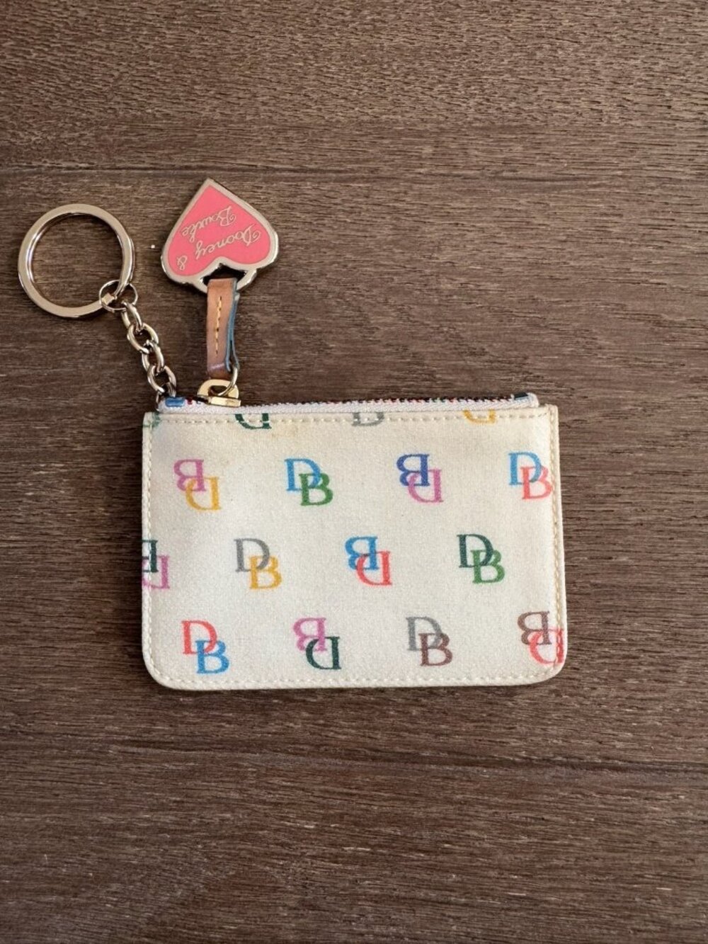 VTG Y2K Dooney Bourke Coin Pouch Zipper Coated Canvas Leather Heart Key Ring